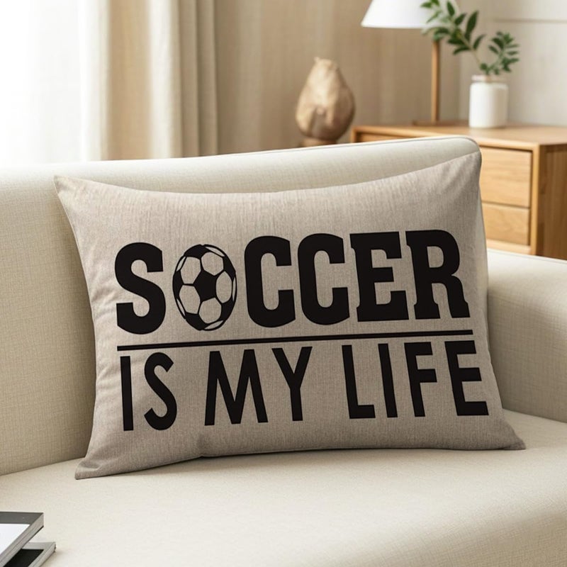 Andreannie Best Gift Sports-Themed Throw Pillow Cover For Kid Teens Boys Soccer Is My Life Cotton Line Waist Lumbar Pillow Case Personalized Cushion Cover For Sofa Bed Couch Home Decor Rectangle 12 X 20 Inches - Image 1
